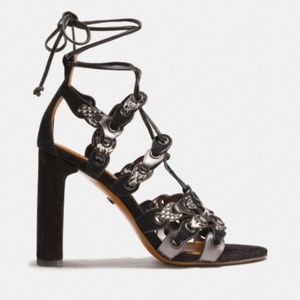 COACH Women's Black Lace Up Heel Sandal With Link